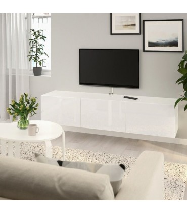 میز تلویزیون دیواری سه درب ایکیا مدل BESTA Selsviken بدنه سفید مات درب سفید هایگلاس عرض 180 سانتیمتر