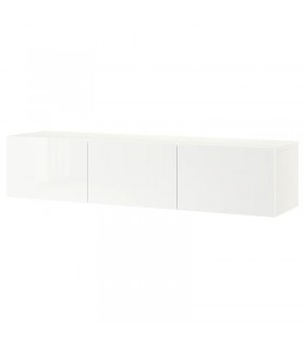 میز تلویزیون دیواری سه درب ایکیا مدل BESTA Selsviken بدنه سفید مات درب سفید هایگلاس عرض 180 سانتیمتر