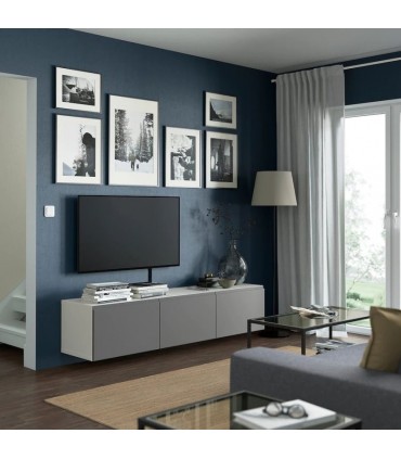 میز تلویزیون دیواری سه درب ایکیا مدل BESTA Vasterviken بدنه سفید درب خاکستری عرض 180 سانتیمتر