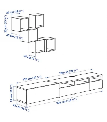 میز تلویزیون به همراه کتابخانه دیواری ایکیا مدل BESTA / EKET رنگ خاکستری تیره سبز طول 300 سانتیمتر