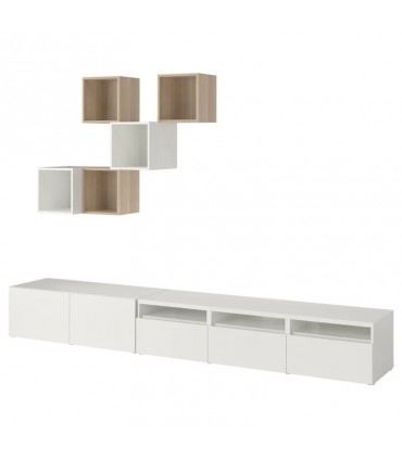 میز تلویزیون به همراه کتابخانه دیواری ایکیا مدل BESTA / EKET رنگ سفید بلوطی طول 300 سانتیمتر
