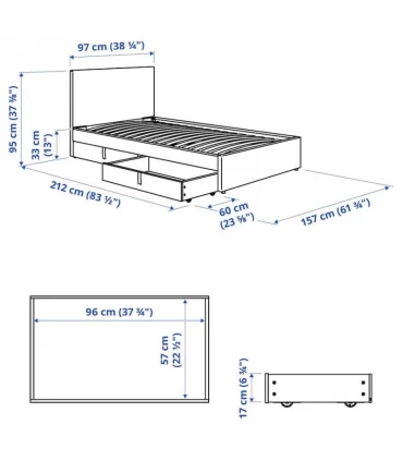 تختخواب یک نفره ایکیا مدل GLADSTAD عرض 90 سانتیمتر بهمراه 2 عدد کشو