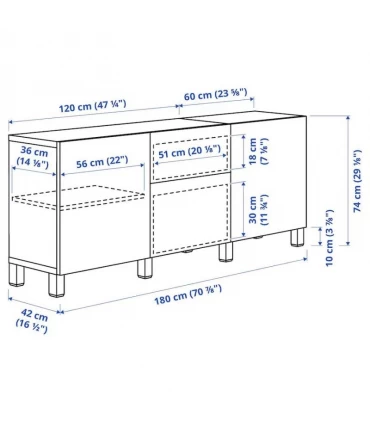 بوفه ایکیا مدل BESTA با درب Lappviken/Stubbarp عرض 180 سانتیمتر مکانیزم درب آرام بند رنگ سفید/قهوه ای روشن/شیشه شفاف