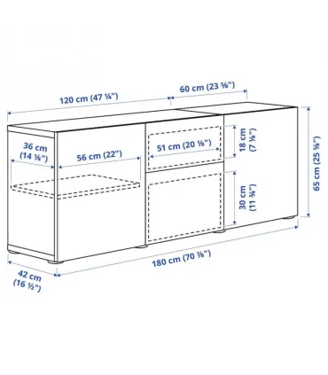 بوفه ایکیا مدل BESTA با درب Selsviken عرض 180 سانتیمتر مکانیزم درب آرام بند رنگ گردویی/هایگلاس سفید