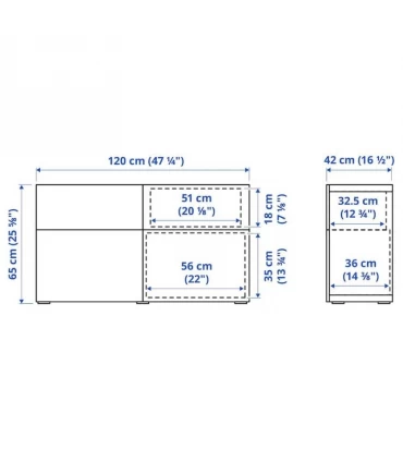 بوفه ایکیا مدل BESTA با درب Selsviken عرض 120 سانتیمتر مکانیزم درب فشاری رنگ گردویی/هایگلاس سفید