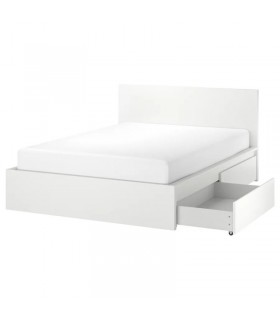 تختخواب دو نفره ایکیا مدل MALM بهمراه 2 عدد کشو و کفی Lindbaden عرض 140 سانتیمتر رنگ سفید