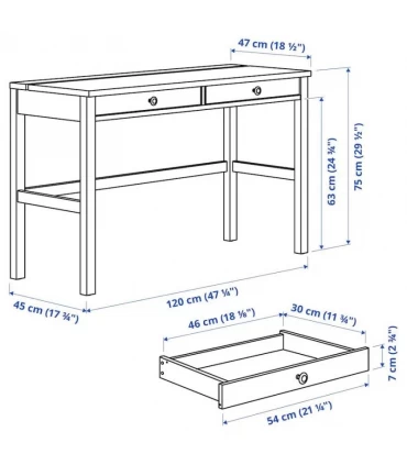 میز تحریر ایکیا مدل HEMNES اندازه 47×120 سانتیمتر، رنگ بدنه سفید صفحه چوب کاج