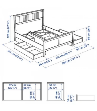 تختخواب یک نفره ایکیا مدل HEMNES با کفی Lonset و 4 کشو ذخیره سازی عرض 160 سانتیمتر رنگ خاکستری