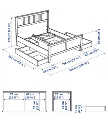 تختخواب یک نفره ایکیا مدل HEMNES با کفی Lindbaden و 4 کشو ذخیره سازی عرض 180 سانتیمتر رنگ خاکستری