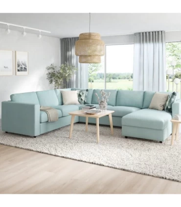 مبل راحتی ال 5 نفره بهمراه شزلون ایکیا مدل VIMLE روکش پارچه رنگ آبی روشن Saxemara