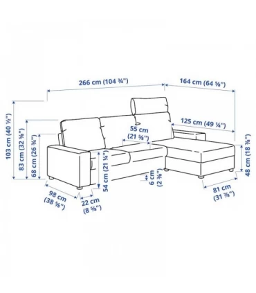 مبل راحتی 3 نفره ال ایکیا مدل VIMLE دارای استراحتگاه سر با دسته های پهن روکش پارچه رنگ خاکستری Hallarp
