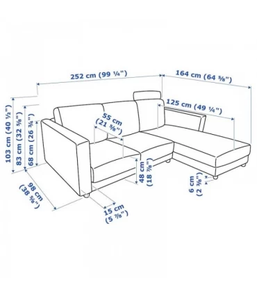 مبل راحتی 3 نفره ایکیا مدل VIMLE بهمراه شزلون با استراحتگاه سر روکش پارچه رنگ خاکستری Hallarp