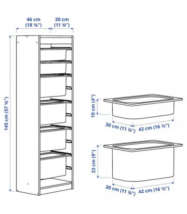 باکس نظم دهنده ایستاده اتاق کودک ایکیا مدل TROFAST بهمراه 6 سبد ابعاد 46x30x145 سانتیمتر رنگ سفید/سبز روشن-خاکستری-آبی-خاکستری