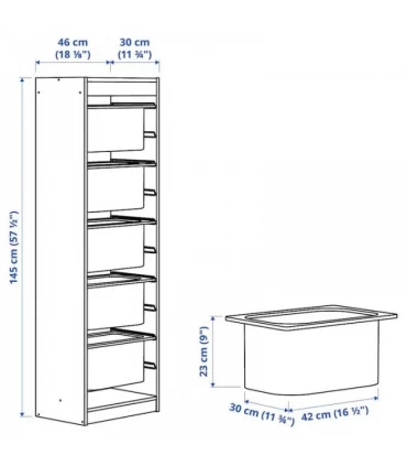 باکس نظم دهنده ایستاده اتاق کودک ایکیا مدل TROFAST بهمراه 6 سبد ابعاد 46x30x145 سانتیمتر رنگ سفید/سبز روشن-خاکستری-آبی-خاکستری