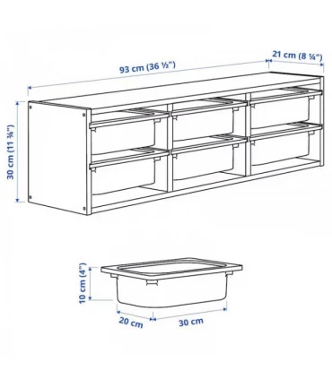 نظم دهنده دیواری ایکیا مدل TROFAST ابعاد 93x21x30 سانتیمتر بدنه چوب کاج بهمراه 6 سبد خاکستری تیره