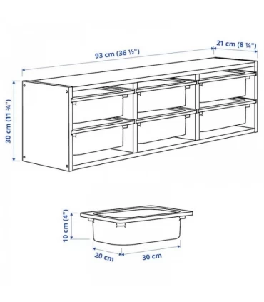 نظم دهنده دیواری ایکیا مدل TROFAST ابعاد 93x21x30 سانتیمتر بدنه چوب کاج بهمراه 6 سبد خاکستری تیره