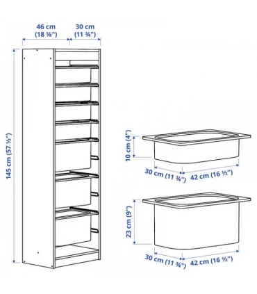 نظم دهنده ایستاده ایکیا مدل TROFAST ابعاد 46x30x145 سانتیمتر بدنه سفید بهمراه 7 باکس پلاستیکی کوچک و بزرگ زرد-نارنجی