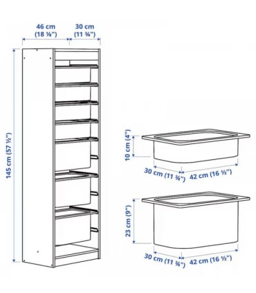 نظم دهنده ایستاده ایکیا مدل TROFAST ابعاد 46x30x145 سانتیمتر بدنه سفید بهمراه 7 باکس پلاستیکی کوچک و بزرگ سبز-سفید