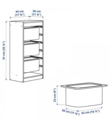 نظم دهنده ایستاده ایکیا مدل TROFAST ابعاد 44x30x91 سانتیمتر بدنه چوب کاج بهمراه 3 سبد فلزی بزرگ خاکستری روشن