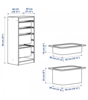 نظم دهنده ایستاده ایکیا مدل TROFAST ابعاد 46x30x94 سانتیمتر بدنه سفید بهمراه 4 سبد فلزی بزرگ و کوچک قرمز روشن