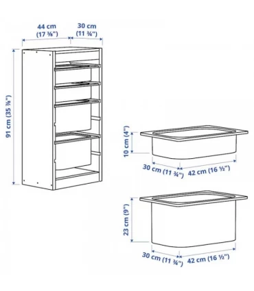 نظم دهنده ایستاده ایکیا مدل TROFAST ابعاد 44x30x91 سانتیمتر بدنه چوب کاج بهمراه 4 باکس بزرگ و کوچک پلاستیکی سبز/صورتی