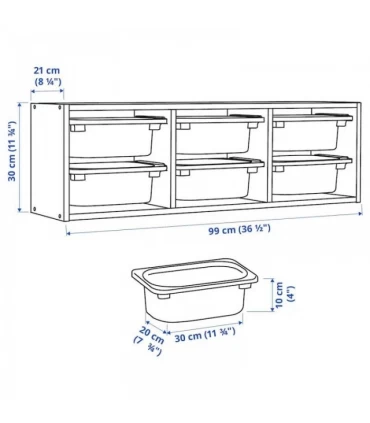 نظم دهنده دیواری ایکیا مدل TROFAST ابعاد 99x21x30 سانتیمتر بدنه سفید بهمراه 6 سبد فلزی خاکستری تیره