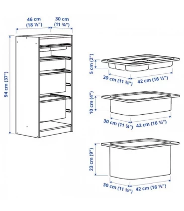 نظم دهنده ایستاده ایکیا مدل TROFAST ابعاد 46x30x94 سانتیمتر بدنه سفید بهمراه 1 سینی و 3 سبد رنگ خاکستری/سبز روشن