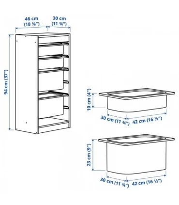 نظم دهنده ایستاده ایکیا مدل TROFAST ابعاد 46x30x94 سانتیمتر بدنه سفید بهمراه 2 باکس کوچک سفید و 2 باکس بزرگ خاکستری