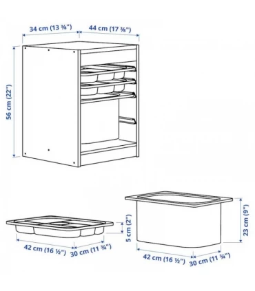 نظم دهنده ایستاده ایکیا مدل TROFAST ابعاد 34x44x56 سانتیمتر بدنه خاکستری بهمراه 2 سینی و 1 باکس بزرگ فیروزه ای