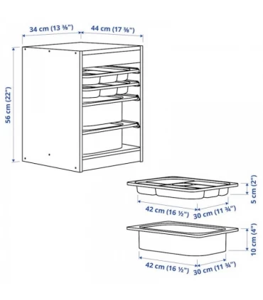 نظم دهنده ایستاده ایکیا مدل TROFAST ابعاد 34x44x56 سانتیمتر بدنه خاکستری بهمراه 2 سینی و 2 باکس کوچک خاکستری-سبز