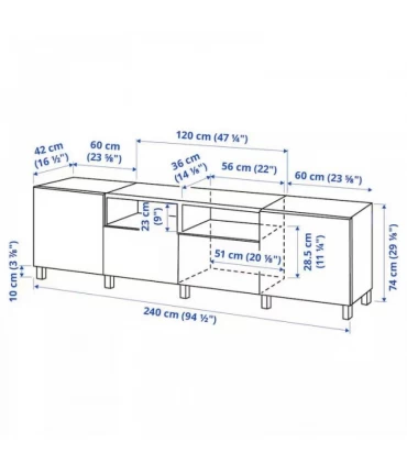 میز تلویزیون ایکیا مدل BESTÅ بهمراه 2 قفسه 4 درب فشاری Lappviken/Stubbarp ابعاد 240x42x74 سانتیمتر رنگ قهوه ای تیره/قهوه ای