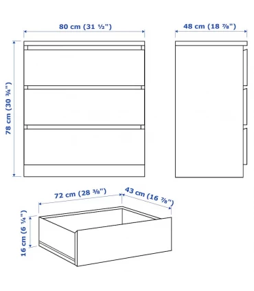 دروار سه کشو ایکیا مدل MALM رنگ سفید