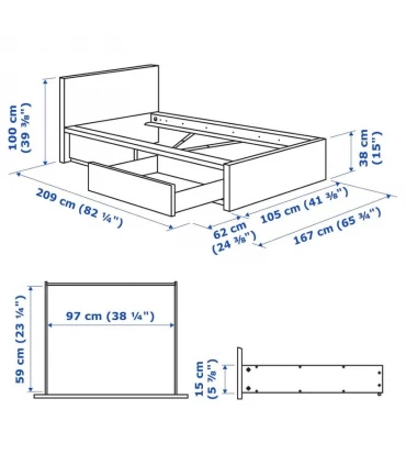 تختخواب یک نفره ایکیا مدل MALM به همراه 2 کشو اندازه 90×200 سانتیمتر رنگ رویه طبیعی چوب اش با رنگ آمیزی قهوه ای